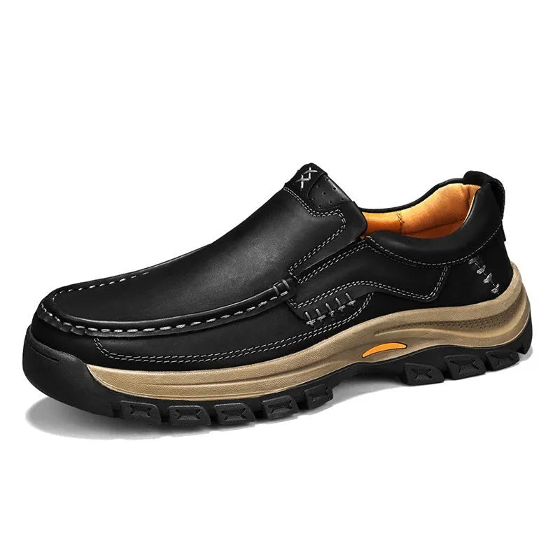 Men's black thick-soled outdoor leather shoes with round toe and rubber non-slip soles
