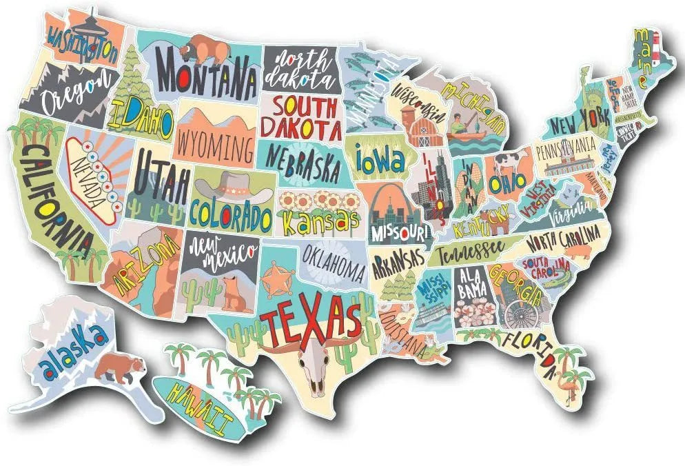 Travel sticker set with coloured letter stickers and white background sheet for car window map creation