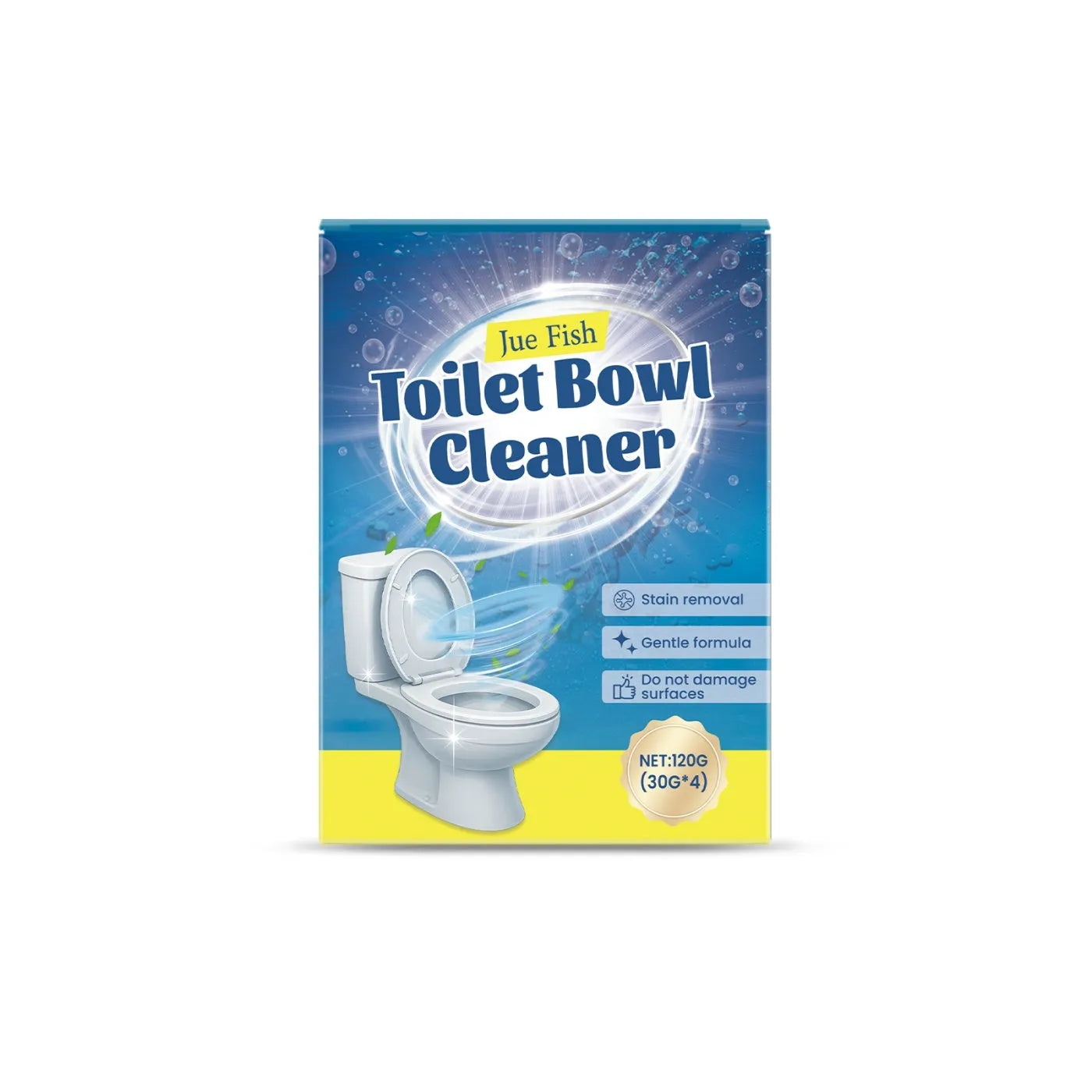 Box of toilet cleaning powder descaler with four 30g sachets for removing limescale and stains