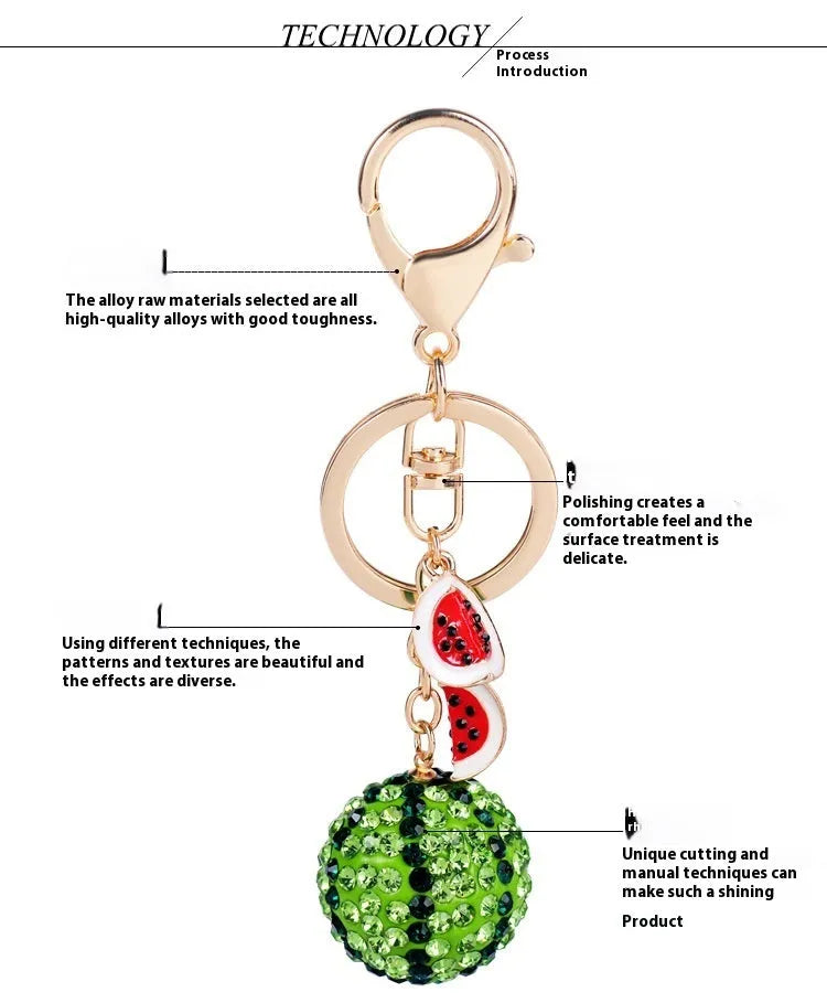 Green watermelon-shaped zinc alloy keychain with fruit diamond design measuring 12cm