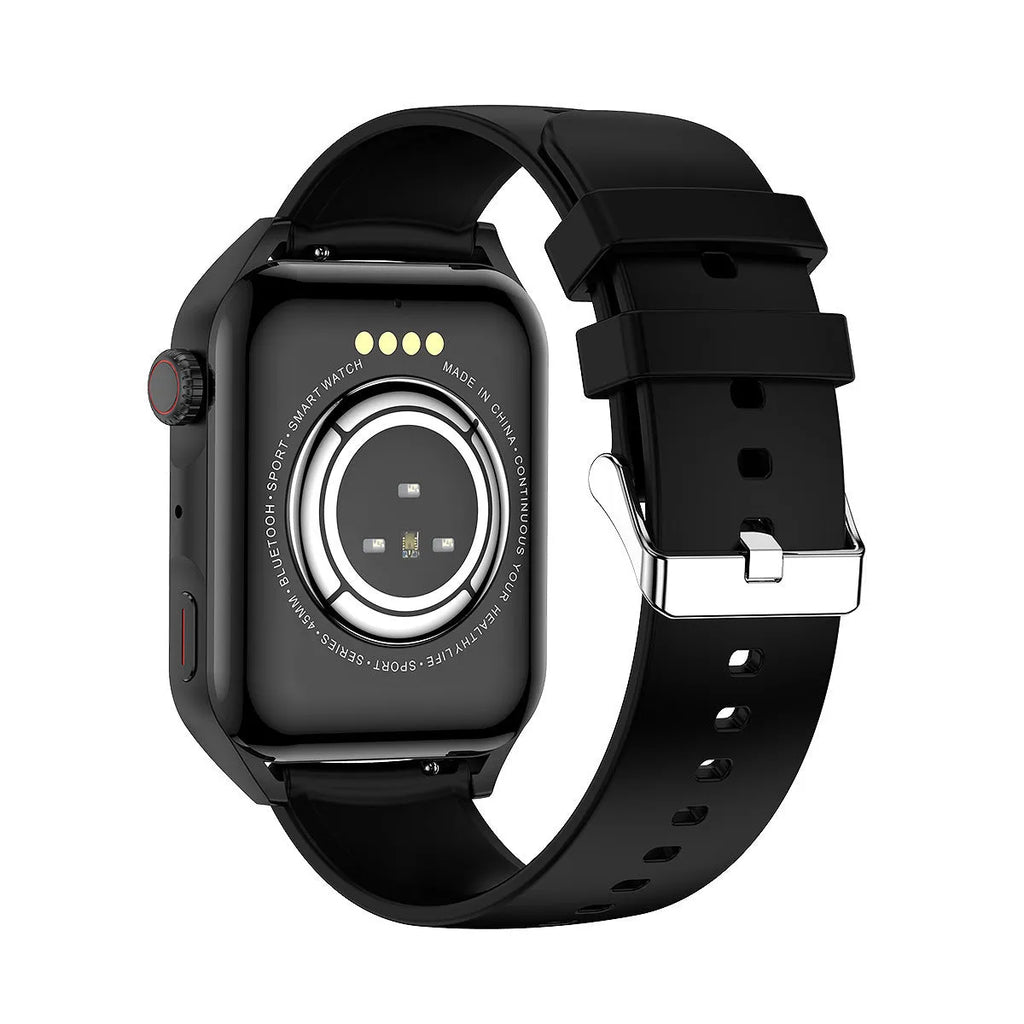 Black smart watch with HD AMOLED screen and silicone strap on a wrist, showing a multi-dial display.
