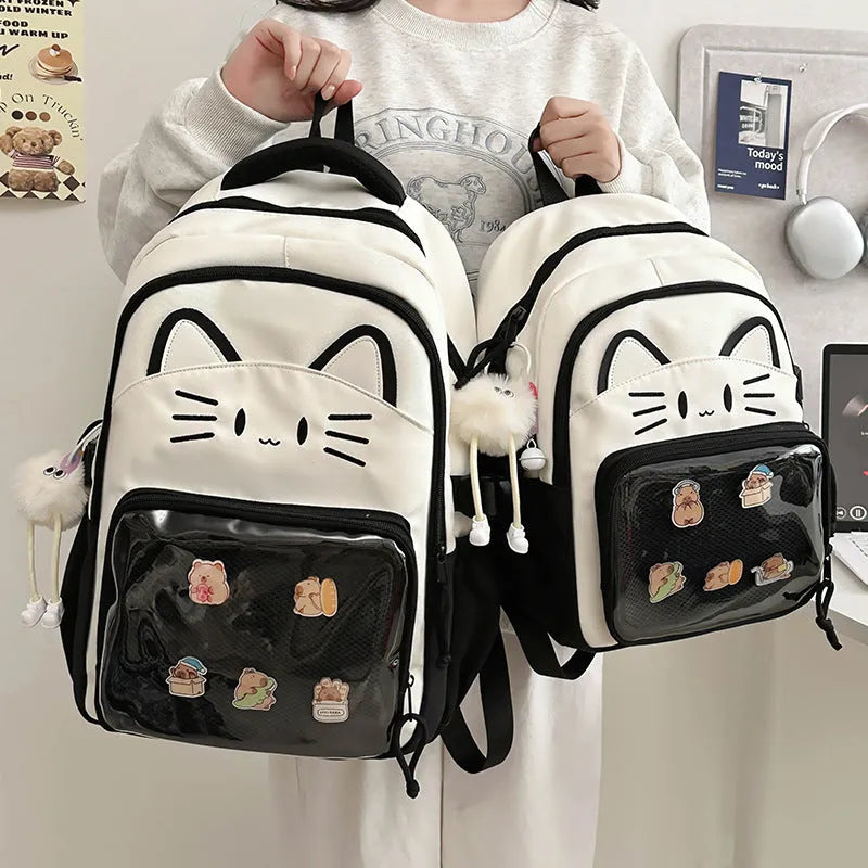 Korean cartoon anime style large capacity nylon backpack in various colours with curved shoulder straps.