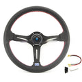 Leather 14-inch steering wheel with a concave centre, shown with black and silver skeleton frame options.