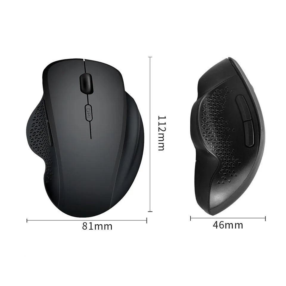 Grey and black wireless computer mouse with USB charging cable on a white box