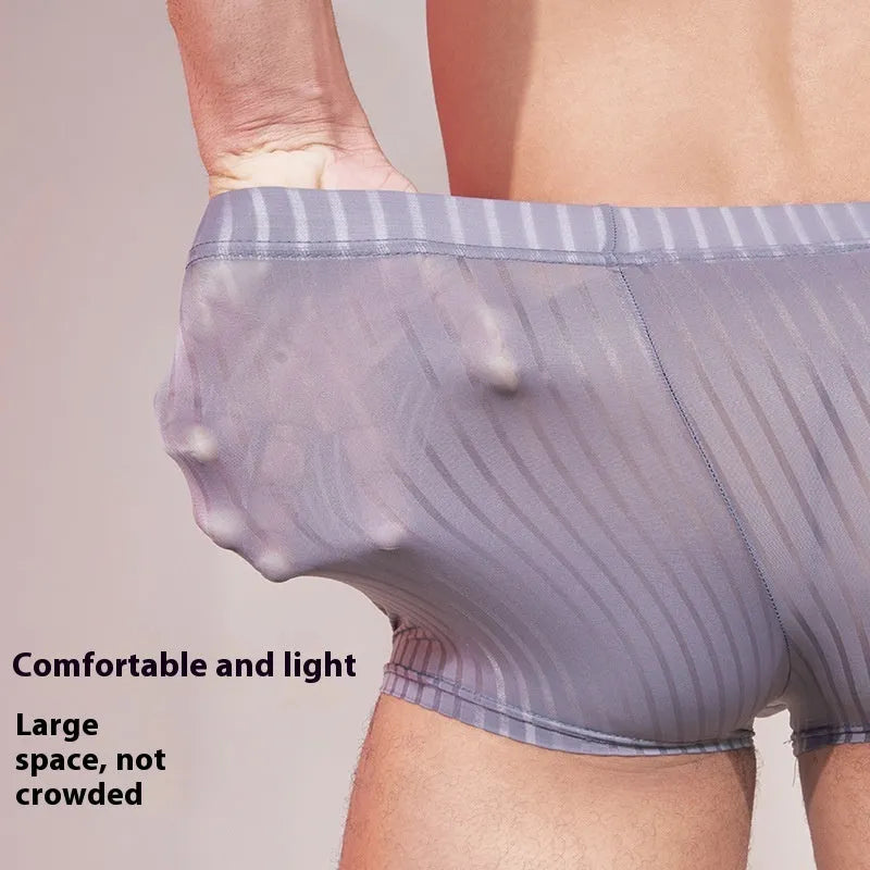 Men's striped underwear in thin transparent nylon fabric showing black, dark grey and white colour options
