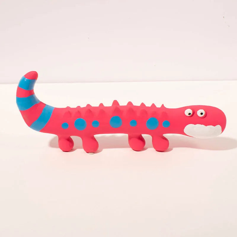 Green cartoon lizard-shaped latex dog chew toy with squeaker on a white background