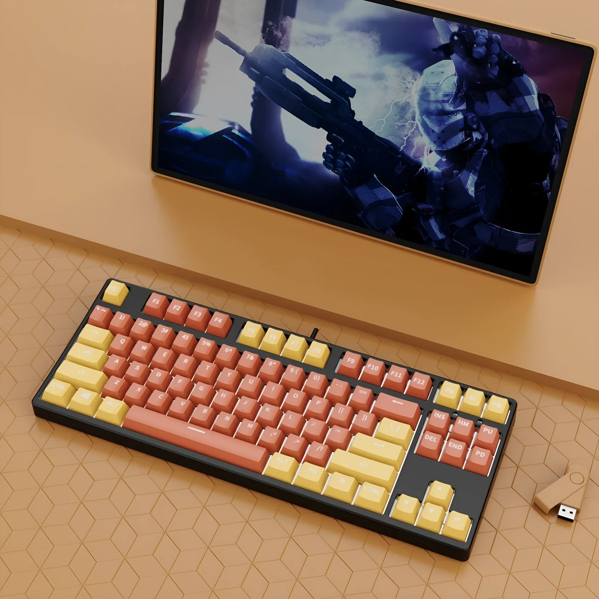 87-key mechanical keyboard with colourful keys on black or white metal chassis