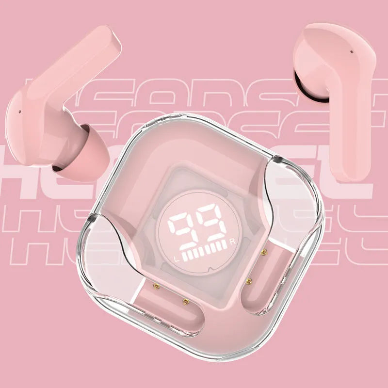 Transparent HIFI noise reduction TWS Bluetooth headphones in white, black, pink, blue, and green colours