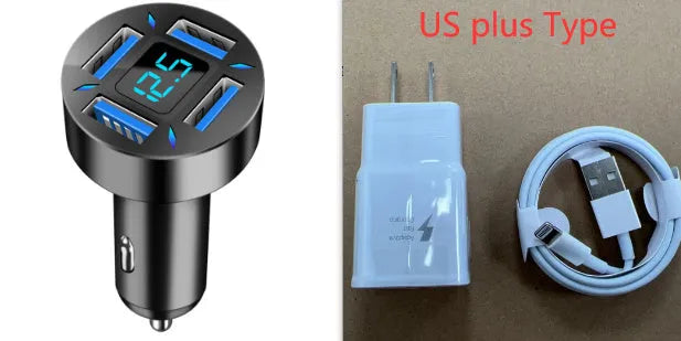 Black four-port USB car charger with LED digital display plugged into a vehicle socket.