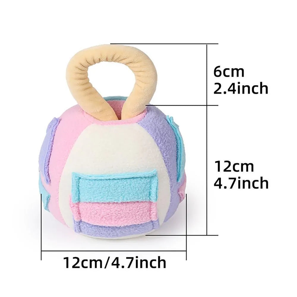 Green and pink dog plush ball squeaky toy with treat pockets for small to medium dogs.