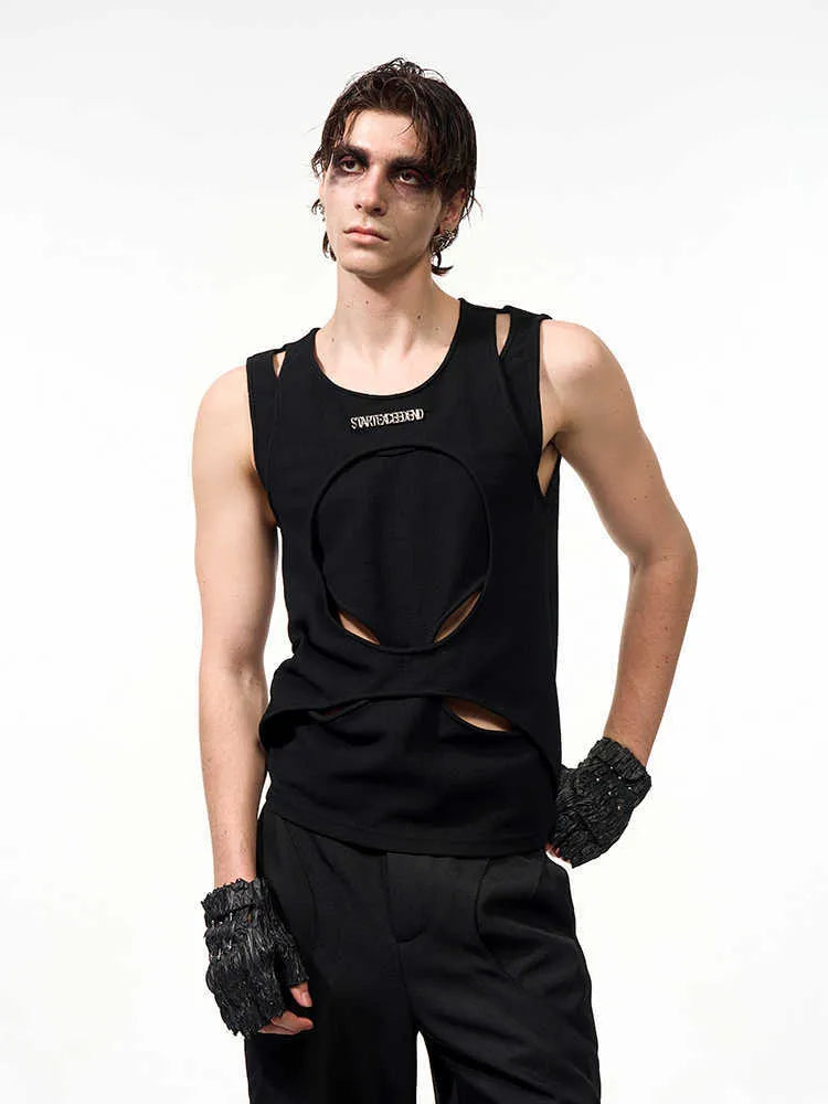 Men's black sleeveless vest with hollow white thread detailing showing loose fit and round neck design