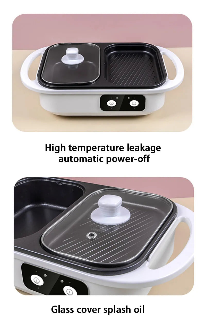 White or green electric hot pot appliance with dual caldron and frying oven functions for 2-3 people