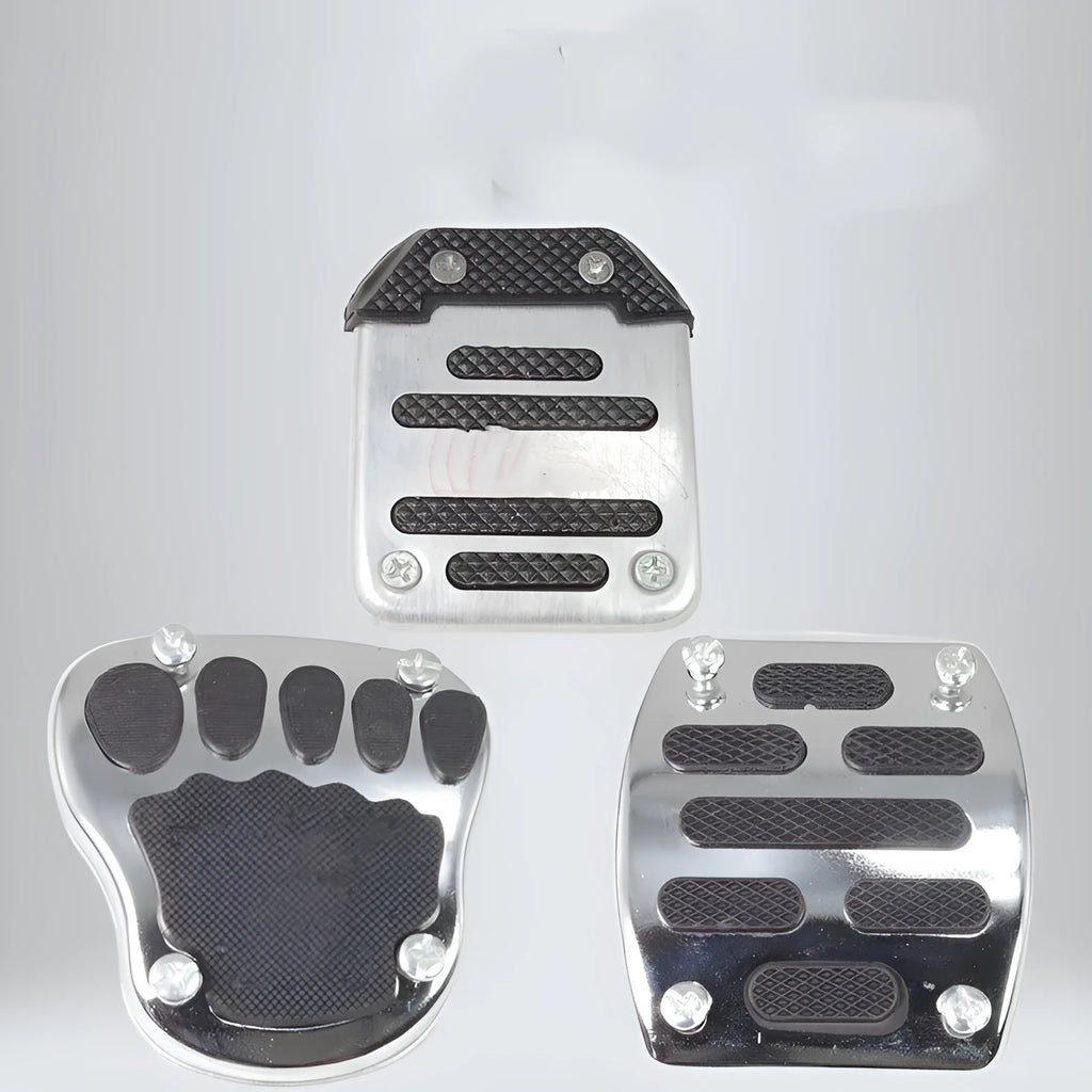 Metal motorcycle brake pedal skid plate accessory shown in three style variations.