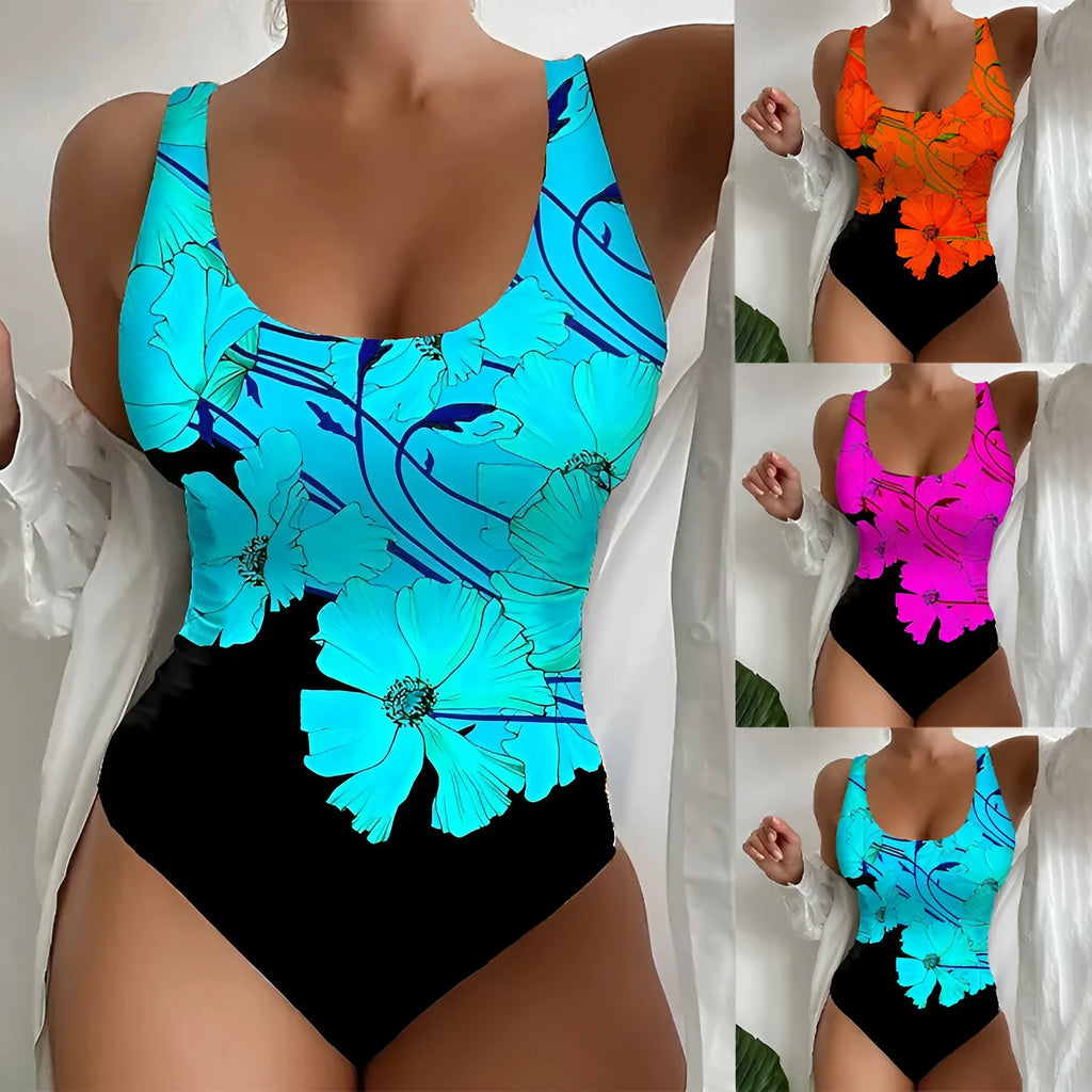 Women's 3D printed one-piece swimsuit in orange red colour with stretch fabric construction