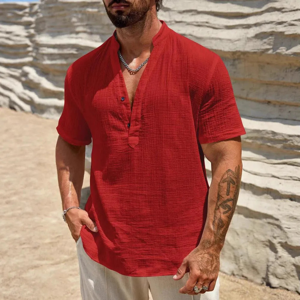 Men's solid colour short-sleeved casual shirt with stand collar on a hanger