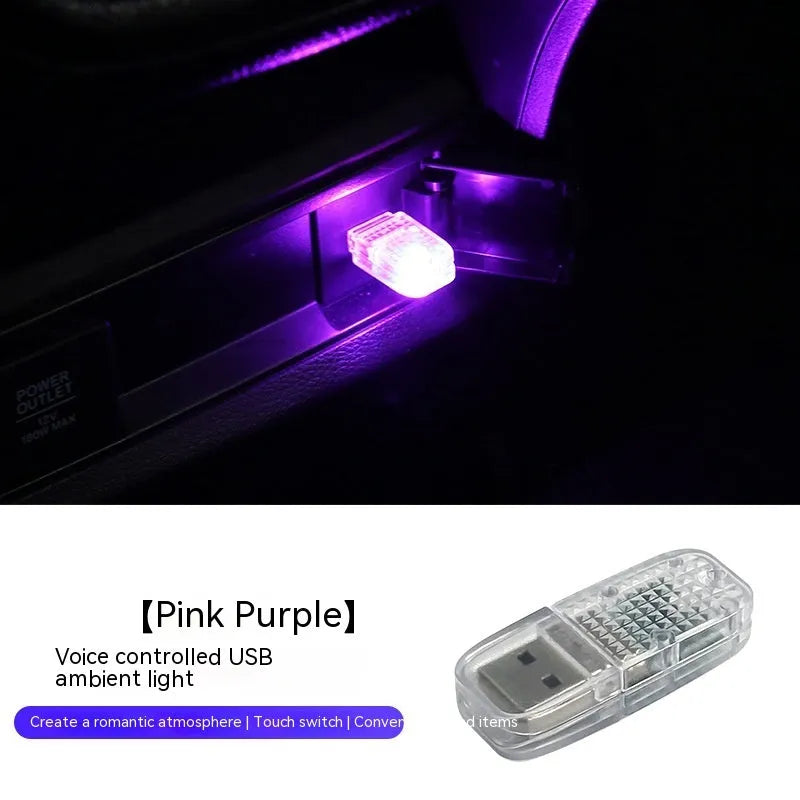 Atmosphere Car USB Light showing multi-function control with touch switch and RGB voice control for vehicle interior.