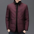 Men's dark blue winter short coat with side pockets and cotton padding.