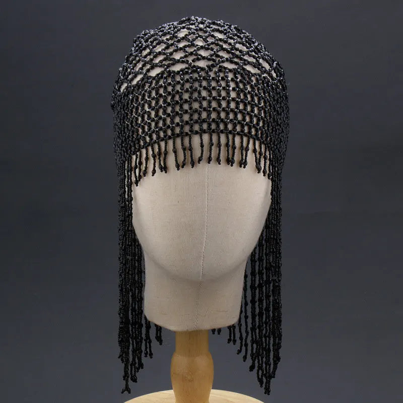 Alloy belly dance hat hair ornament with beaded tassels, 23cm wide decorative mesh