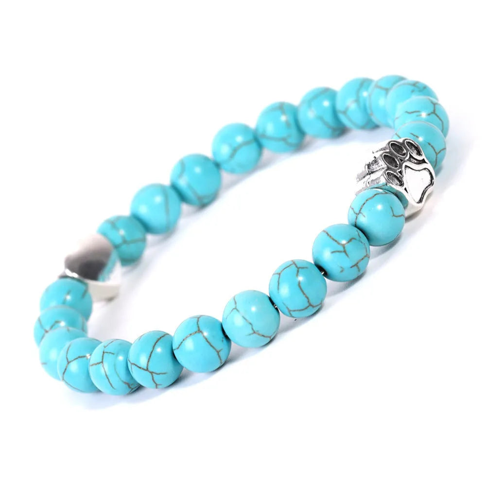 Tiger eye Indian agate stone bracelet with dog's paw beads and love heart charm on adjustable band