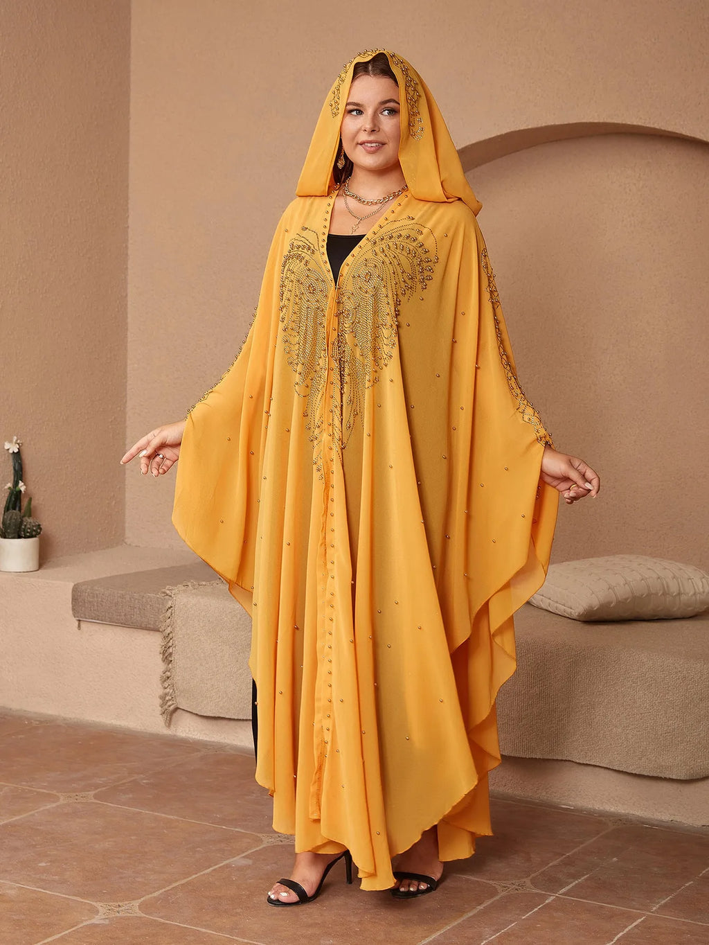 Purple Muslim style chiffon cape shawl with rhinestone beading laid flat.