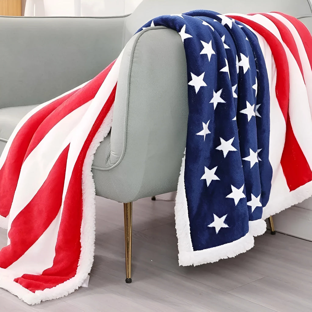 Striped polyester lambswool blanket in American style, shown in vacuum packaging.
