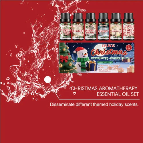 Christmas aromatherapy oil set showing six 10ml glass bottles with scented oil for home fragrance