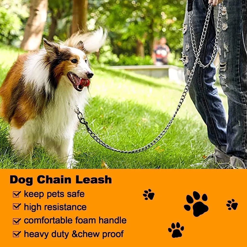 Heavy duty metal dog chain leash with a soft black padded handle, shown in red.