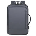 Black waterproof Oxford cloth business backpack with curved shoulder straps and derm leather accents