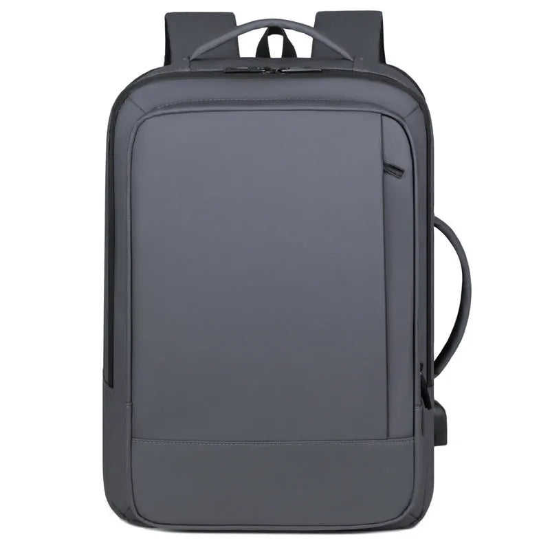 Black waterproof Oxford cloth business backpack with curved shoulder straps and derm leather accents