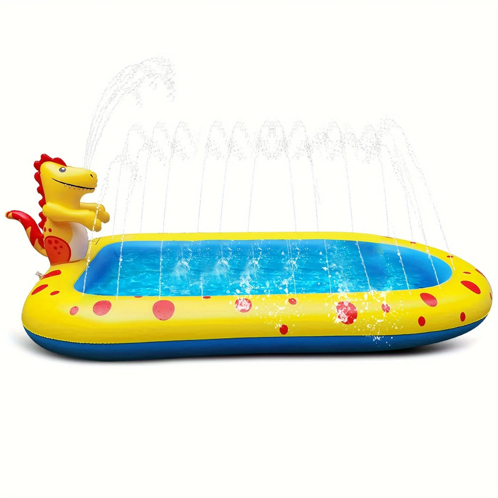 Blue inflatable dinosaur-shaped water pool with shark sprinkler toy for kids