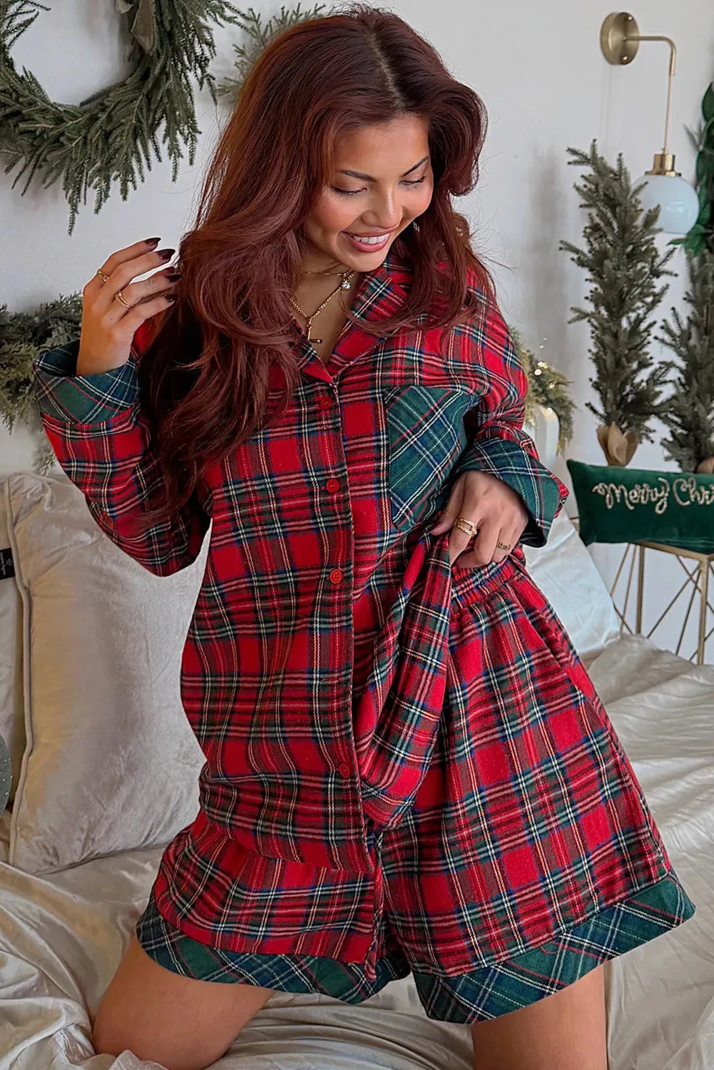 Red plaid long sleeve pyjama shirt and matching shorts set for Christmas.
