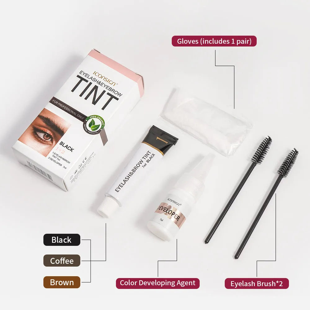ICONSIGN eyelash and eyebrow tint kit with 5ml tint, 5ml developer, two brushes and gloves in black, coffee and brown