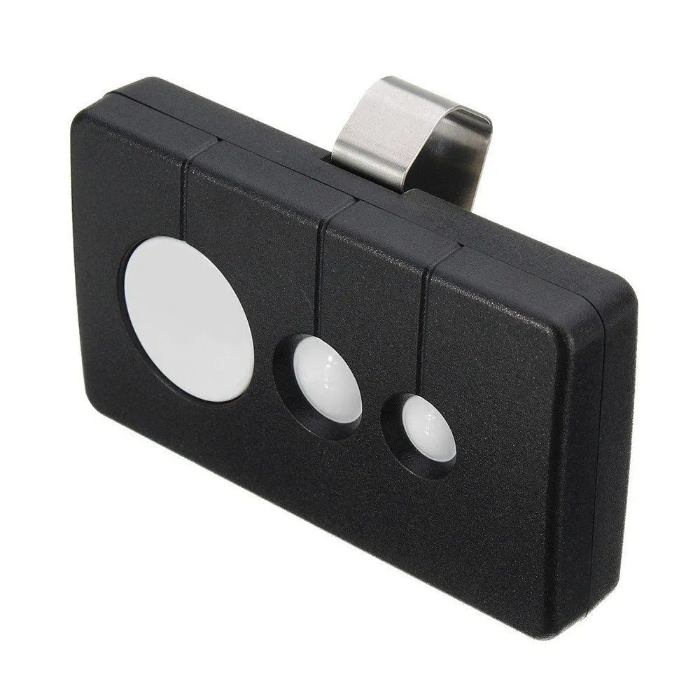 Black three-button garage door remote control with 390 MHz frequency.