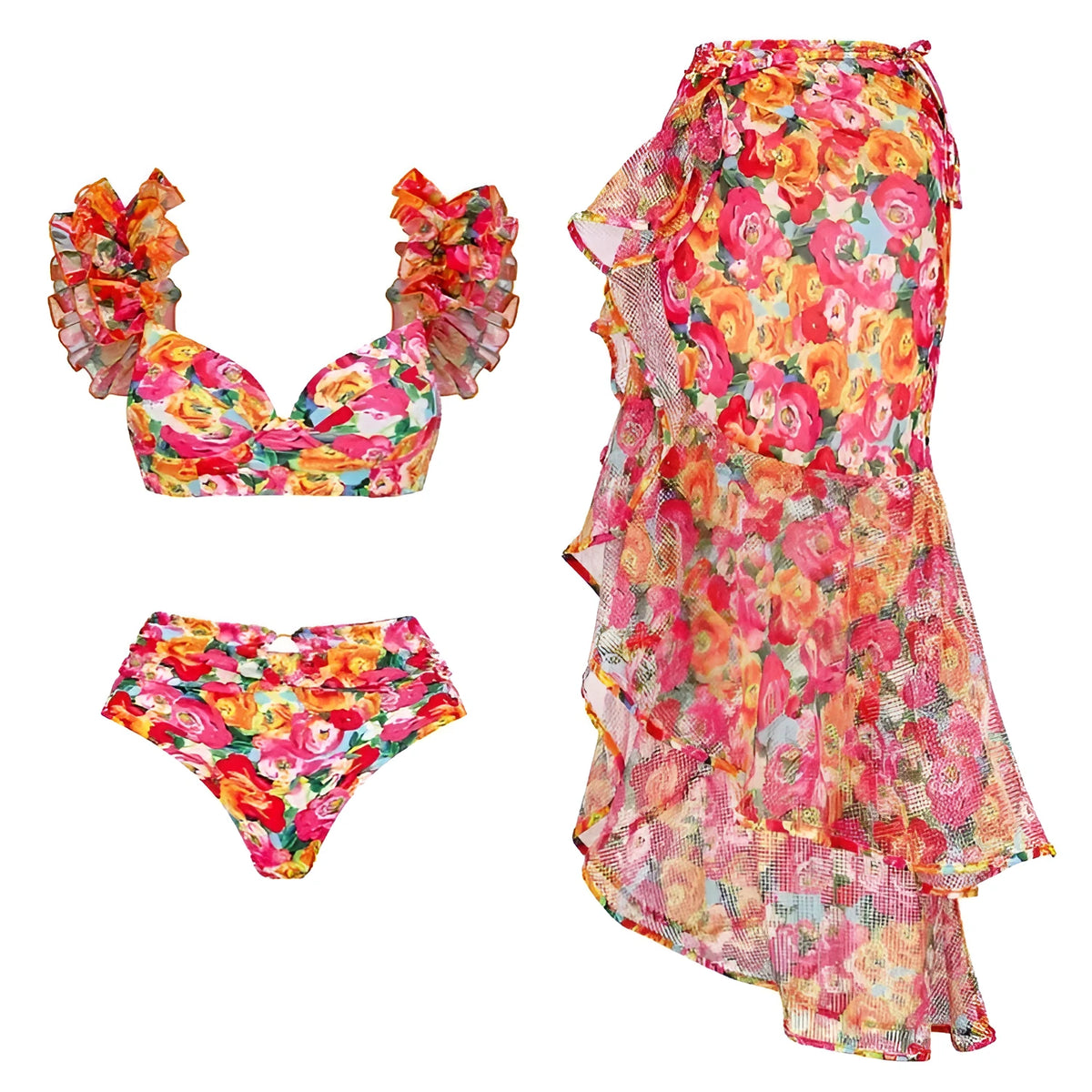 Women's floral pattern push up bikini set with high waist design and split skirt option
