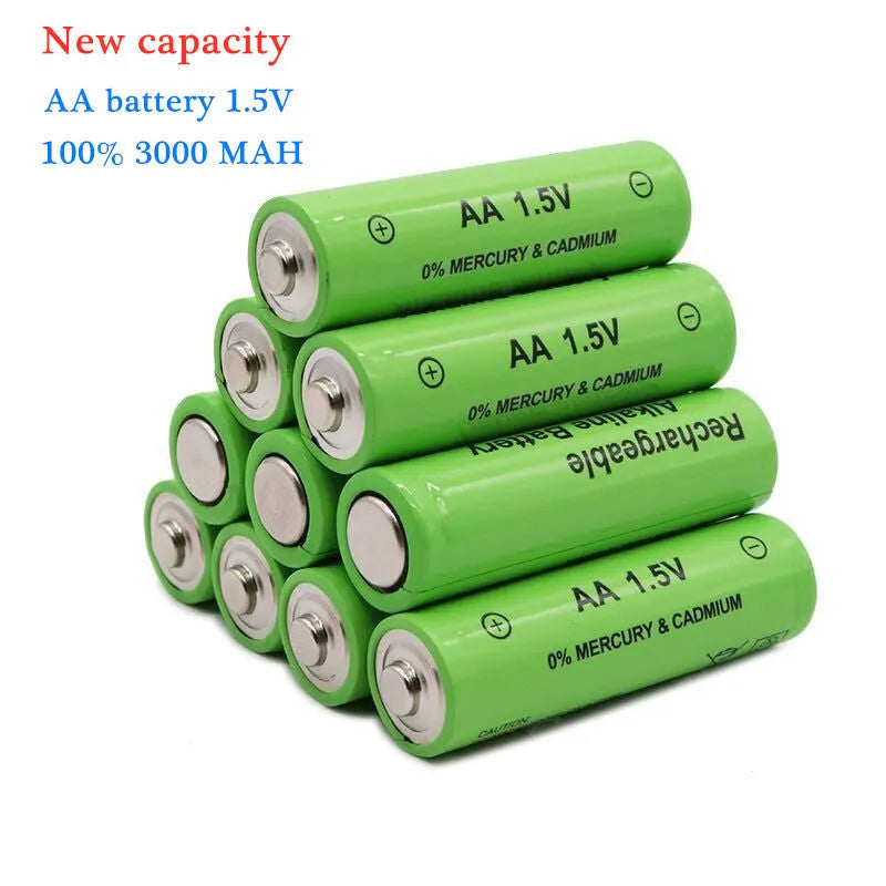 Alkaline rechargeable AA battery with 3000mAh capacity and 1.5V output, shown in green casing.