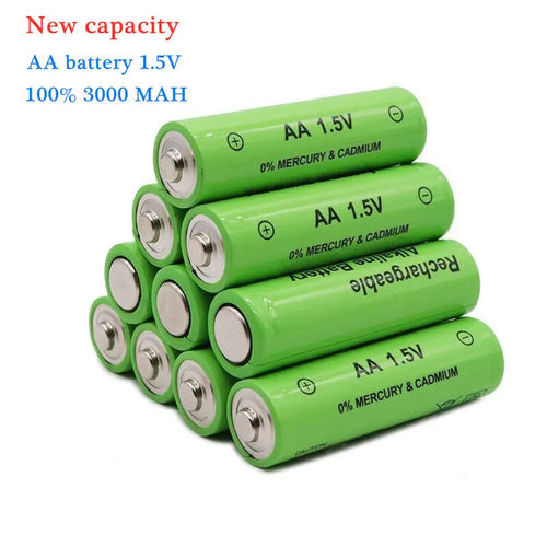 Alkaline rechargeable AA battery with 3000mAh capacity and 1.5V output, shown in green casing.