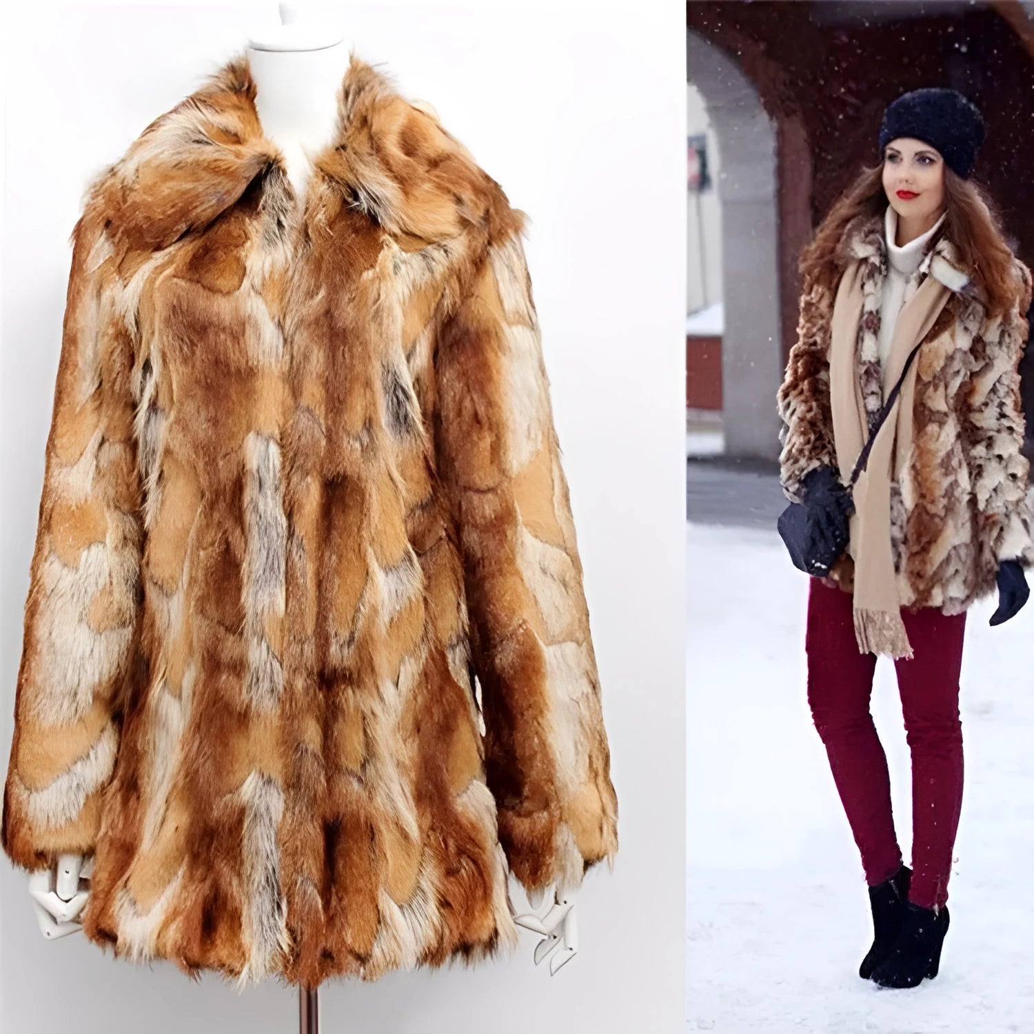 Women's medium length faux fur jacket with tiger print pattern and regular long sleeves in street fashion style