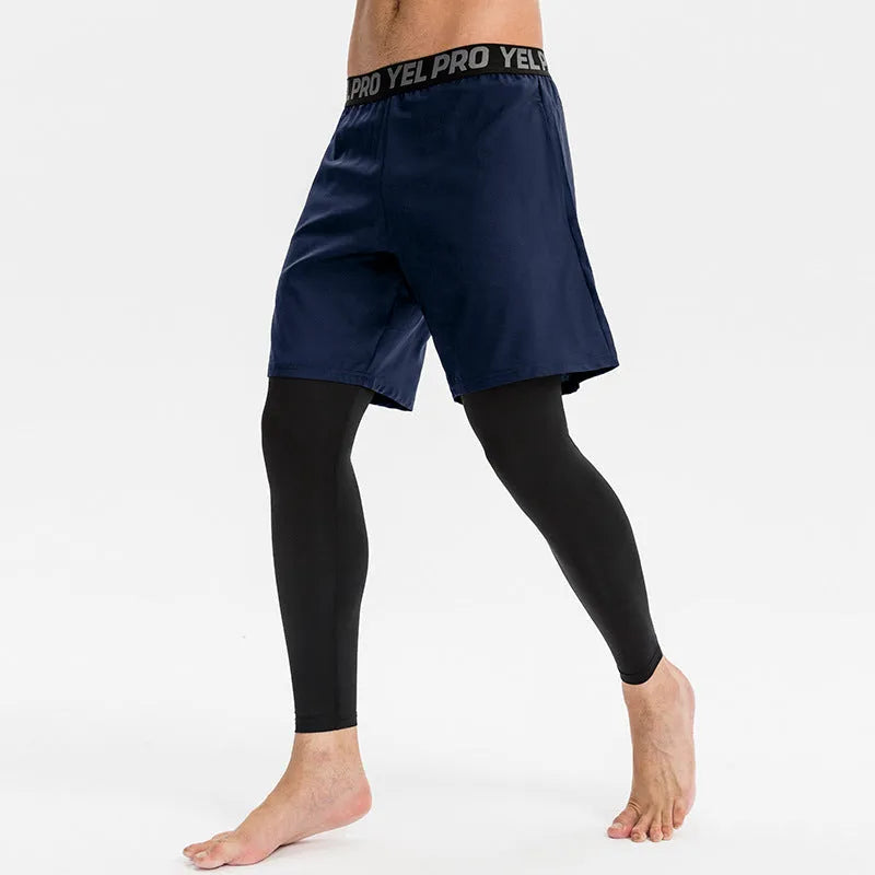 Men's gray quick-drying high elastic tight sports pants for fitness and running.
