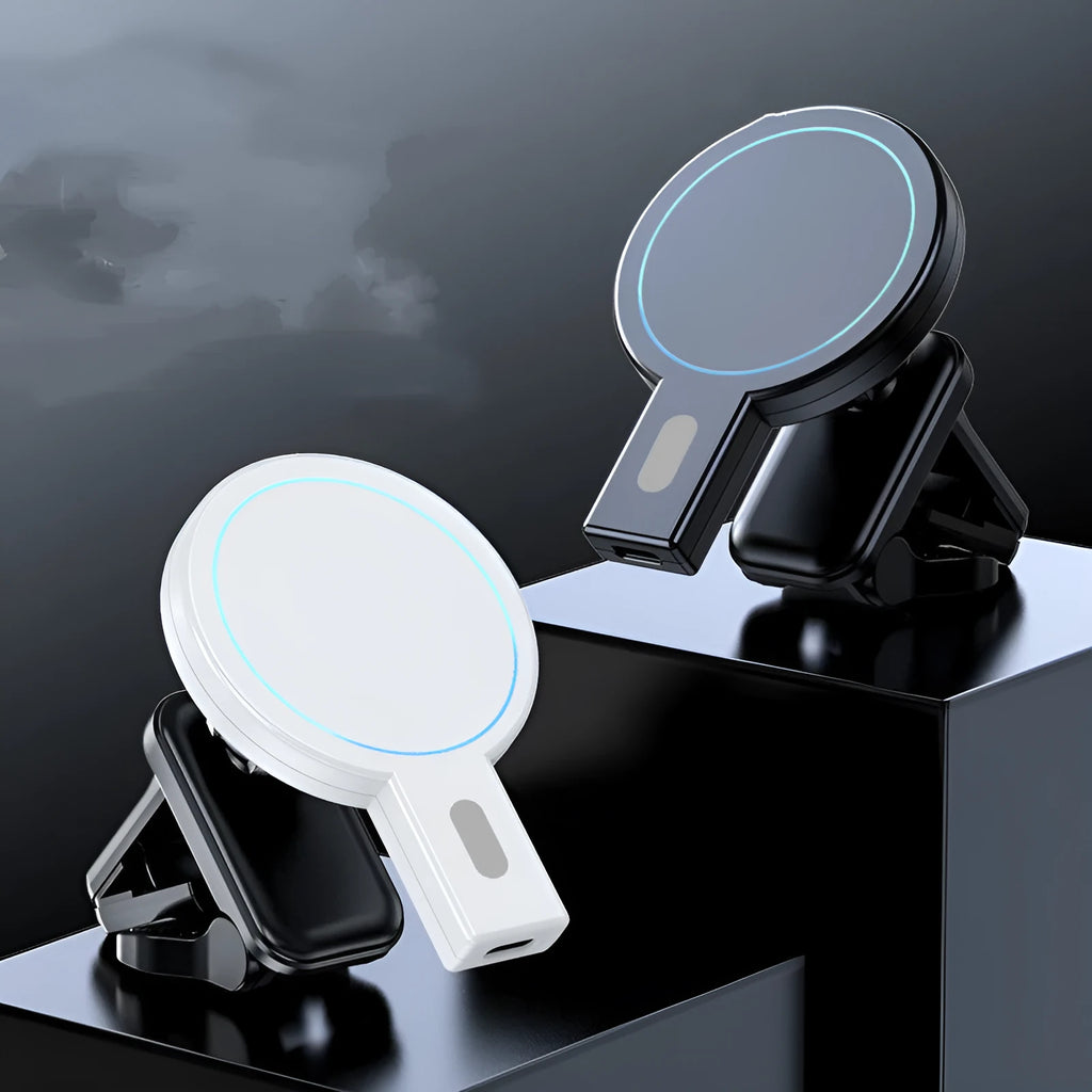 Black magnetic wireless charger showing foldable aluminium design with USB cable