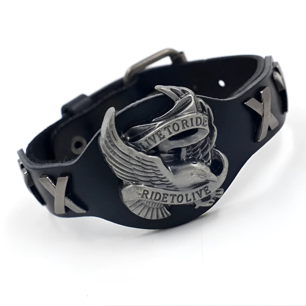 Black leather eagle watch-buttom bracelet with geometric design measuring 26cm length