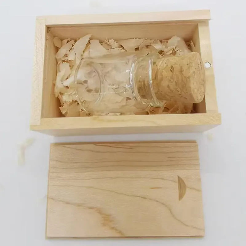 Transparent wooden drift bottle design USB flash drive showing internal components