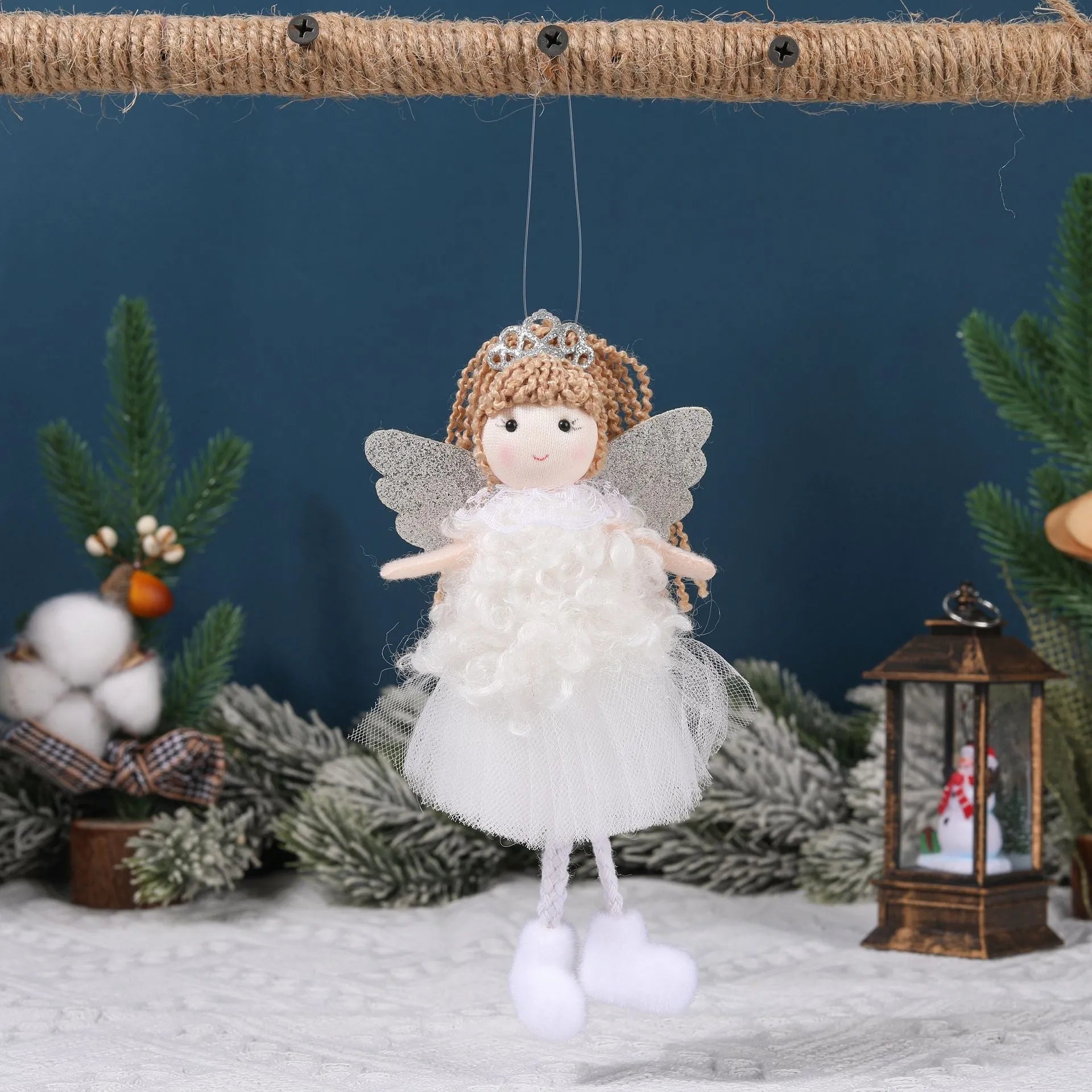 Christmas angel girl fabric pendant with crown design for high ponytail hairstyles in white, pink, or khaki colour