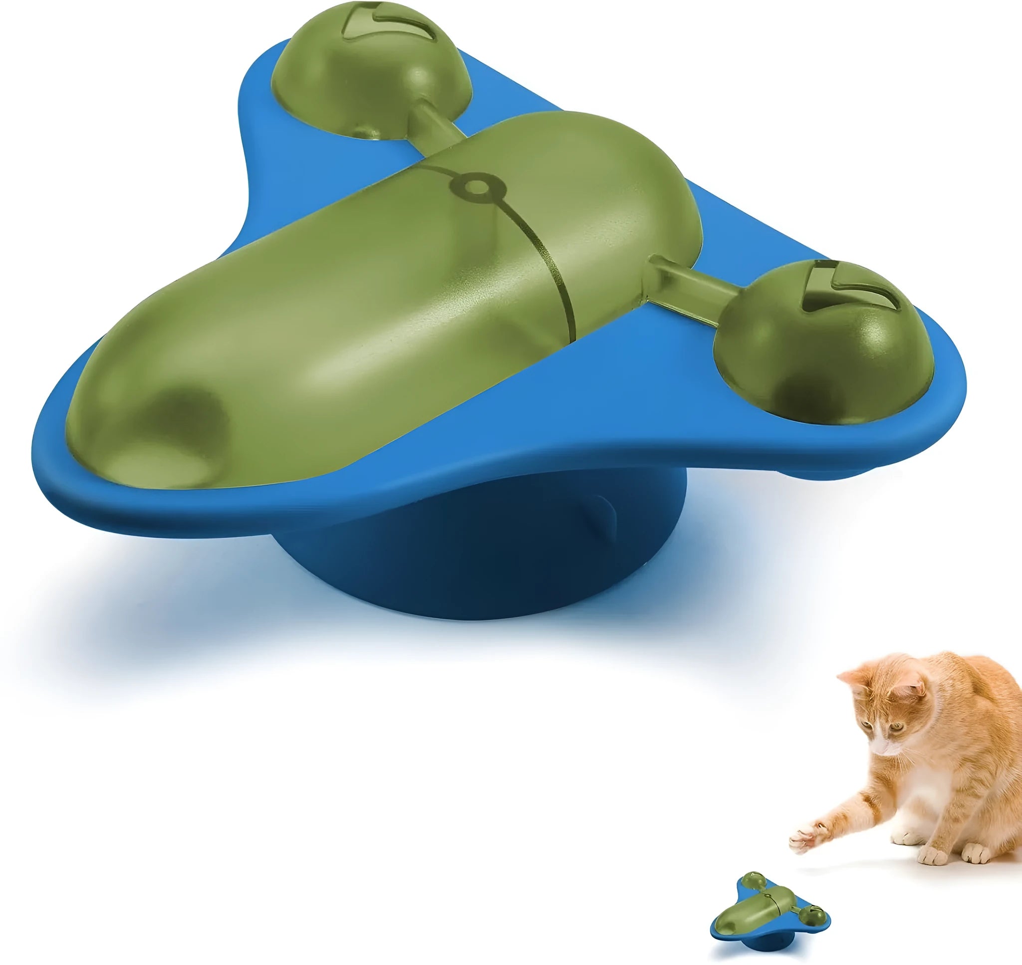 Blue interactive pet puzzle feeder with bell, catnip compartment and aeroplane snack cabin measuring 14.2cm