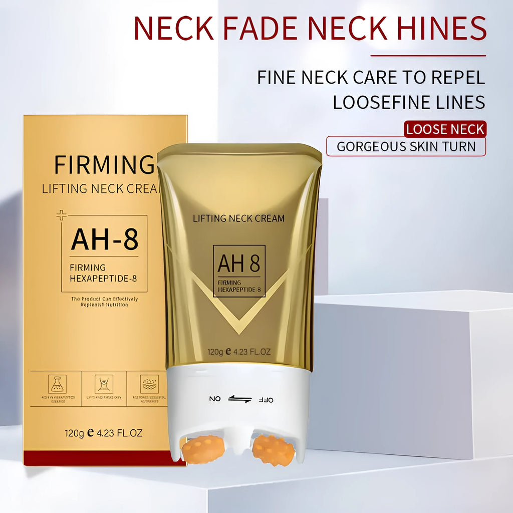 Roller neck cream in packaging with dimensions 8.8cm wide by 16.5cm high