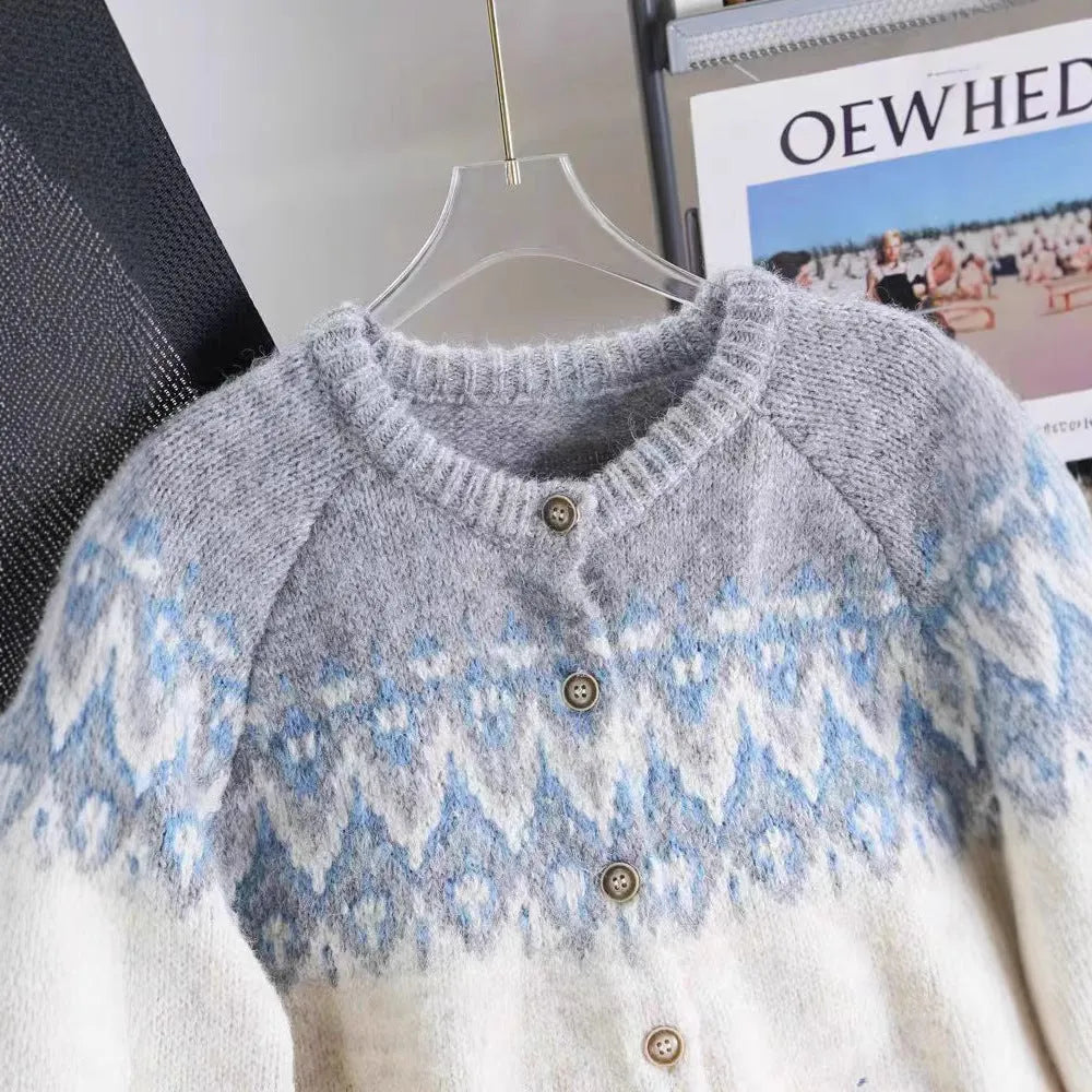 Women's loose fit jacquard sweater coat with contrast colour panels in beige, brown, or navy.