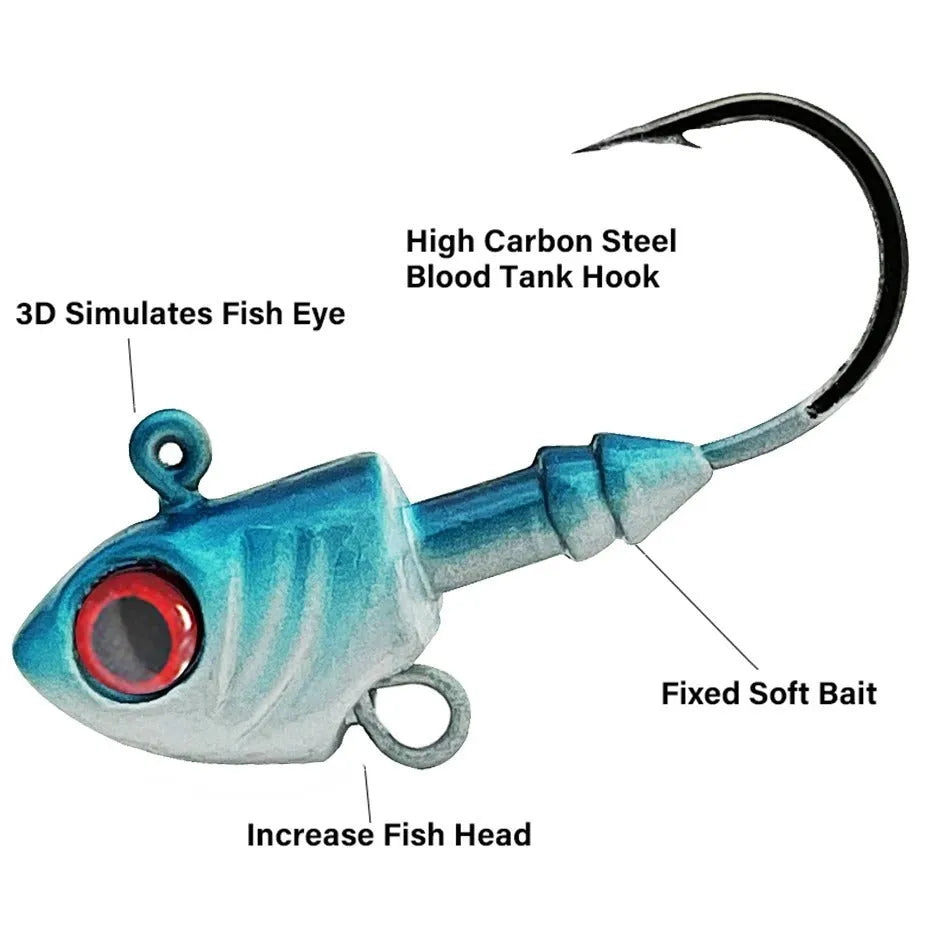 Simulation Yayu shaped lead head fishing hook lures in blue, silver, and yellow colour options.