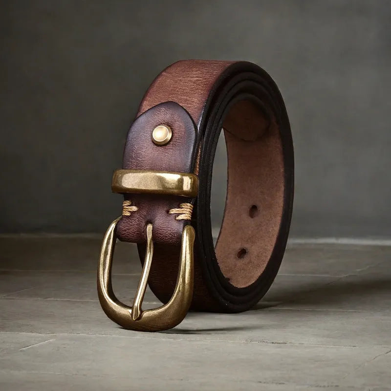 Men's black casual leather belt with copper pin buckle on a white background