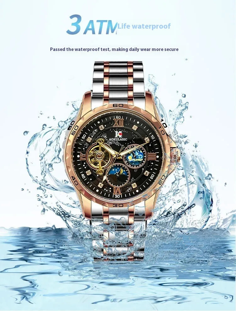Men's automatic mechanical watch with rose gold shell case and black dial face showing 12mm thickness