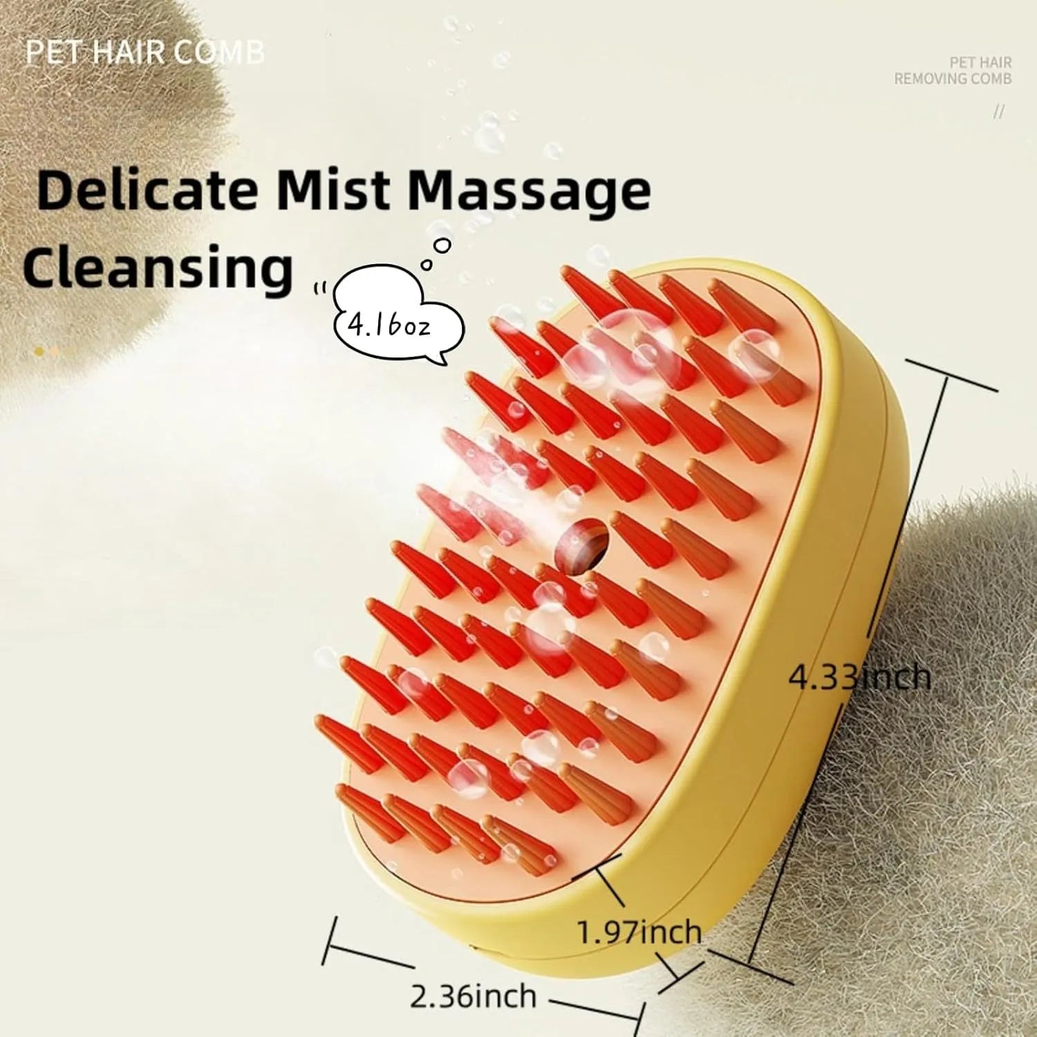 White or yellow rechargeable steam brush for grooming cats and dogs with rubber comb teeth