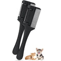 A silver and black 2-in-1 razor comb and brush for grooming dogs and cats, shown with replacement blades.